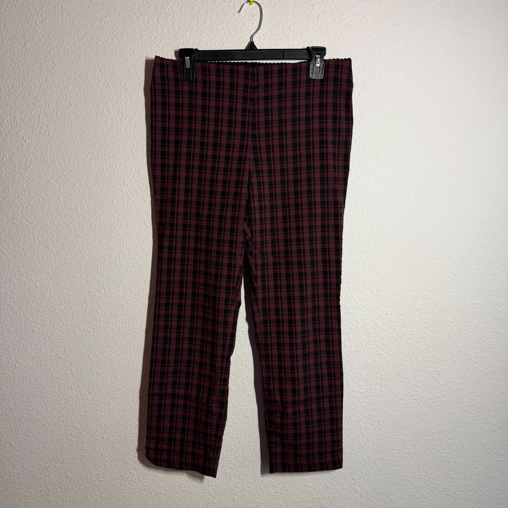 Elle Skinny Ankle Pants Womens Large Red Black Plaid Stretch Casual Pull On